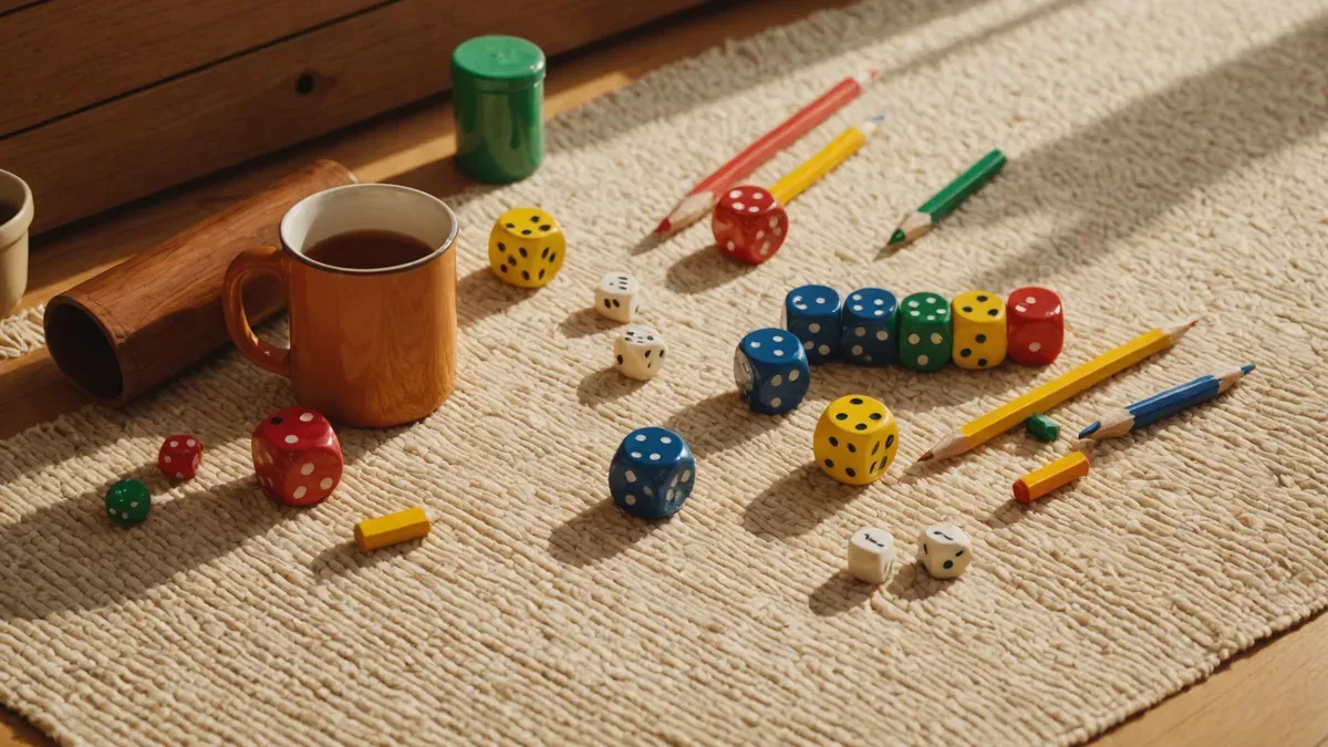 Dés de couleur, pions en bois et crayons éparpillés sur un tapis de salon près d'une tasse, dans la lumière rasante de fin d'après-midi