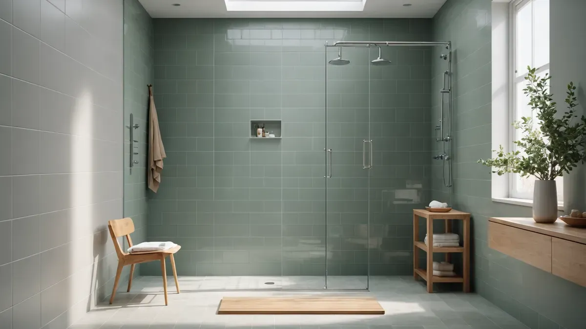 Salle de bain lumineuse avec douche de plain-pied carrelée, barre d'appui murale et tabouret de bois, sans personne