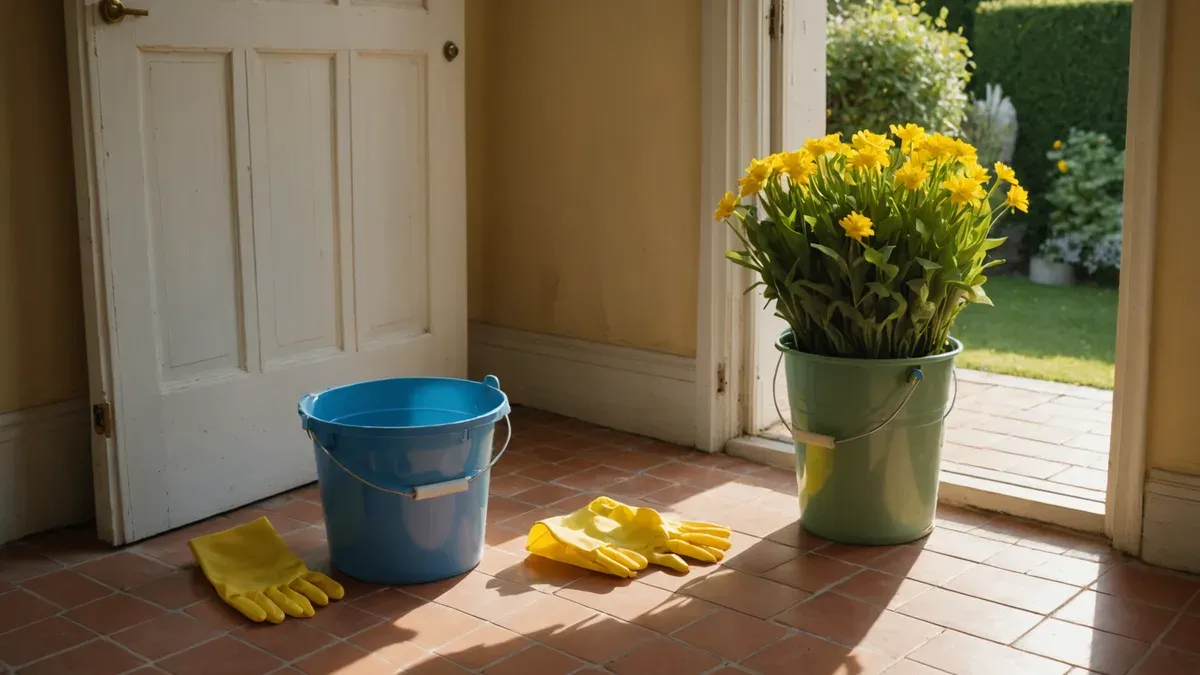 Seau, gants de ménage et serpillière posés près d'une porte-fenêtre ouverte sur un jardin, carrelage clair traversé par la lumière de l'après-midi