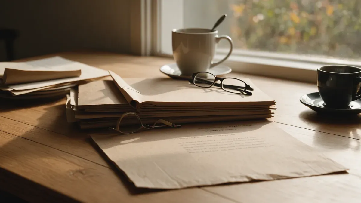 Pile de courriers administratifs, lunettes de lecture et deux tasses de café sur une table en bois près d'une fenêtre, dans la lumière du matin