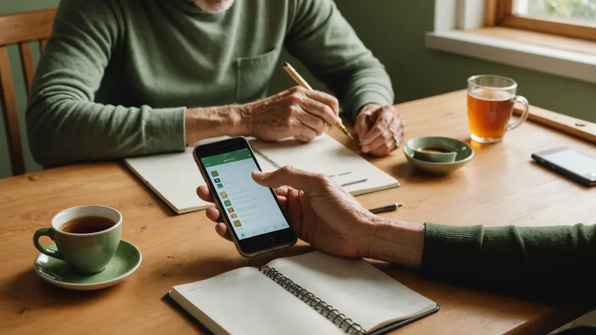 Mains posées sur un smartphone allumé à côté d'un carnet, d'un stylo et d'une tasse, sur une table en bois éclairée par la fenêtre