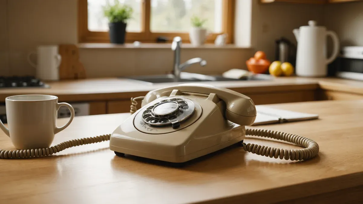 Téléphone fixe à cadran posé sur un plan de travail en bois clair, à côté d'une tasse et d'un carnet ouvert, dans la lumière d'une cuisine