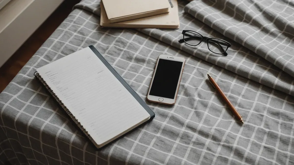 Smartphone affichant une notification floue posé à côté d'une paire de lunettes et d'un carnet sur une nappe à carreaux