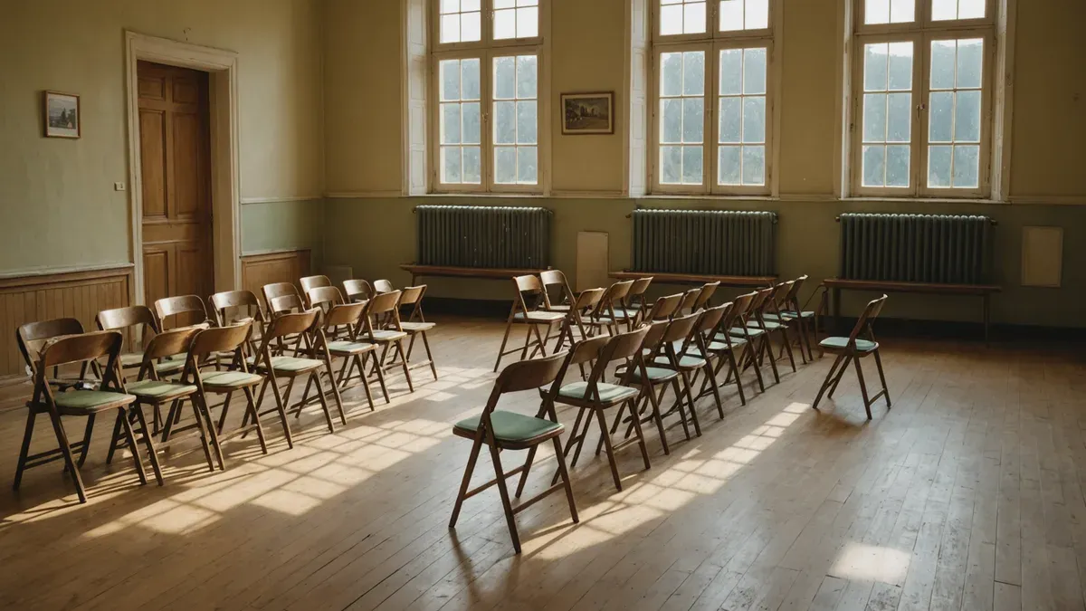 Chaises disposées en cercle dans une salle polyvalente de maison des associations, lumière d'après-midi par les grandes fenêtres