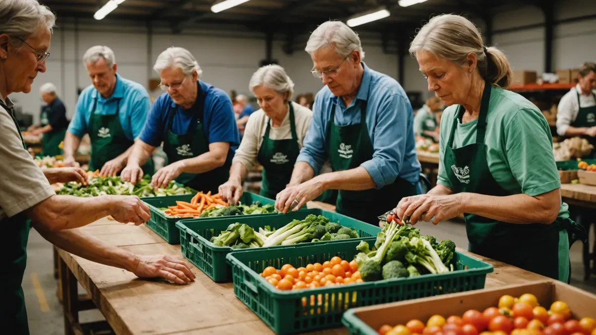 Mains de plusieurs personnes triant des cagettes de légumes sur une table de collecte associative, en lumière d'entrepôt