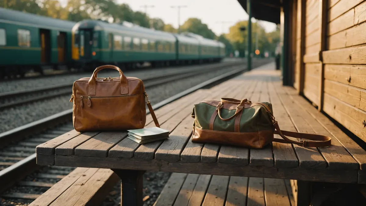 Sacoche et sac de voyage en cuir posés sur un banc en bois d'un quai de gare, train vert flou à l'arrière-plan dans la lumière du matin