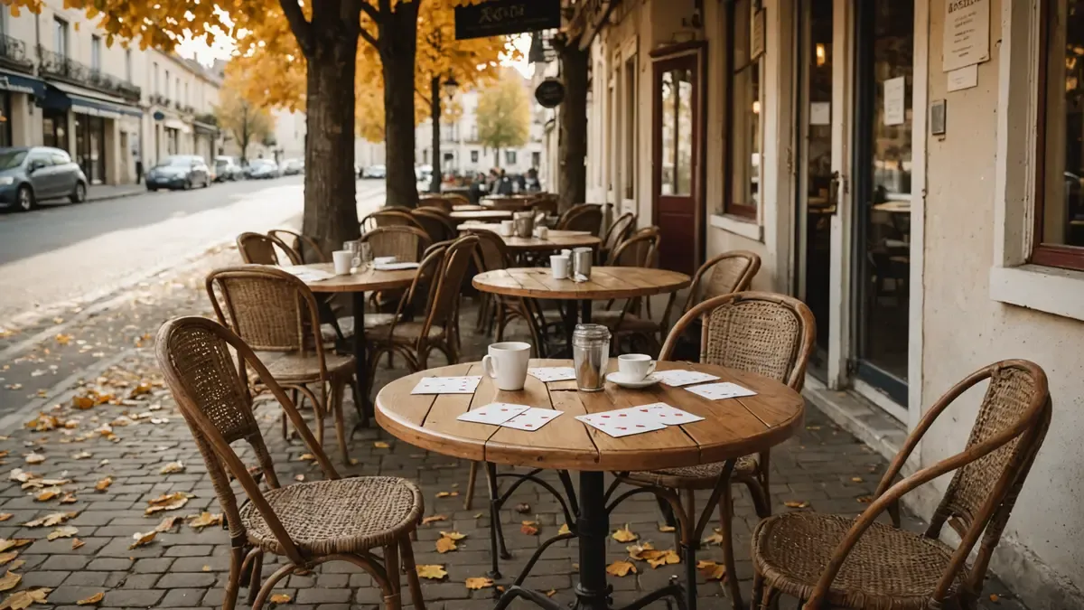 Terrasse d'un café de quartier au soleil d'automne, tasses vides et jeu de cartes posés sur une table en bois