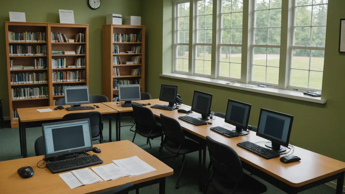 Salle informatique d'une médiathèque aux murs verts : postes allumés alignés sur des tables en bois, chaises vides, rayonnages de livres et grandes fenêtres
