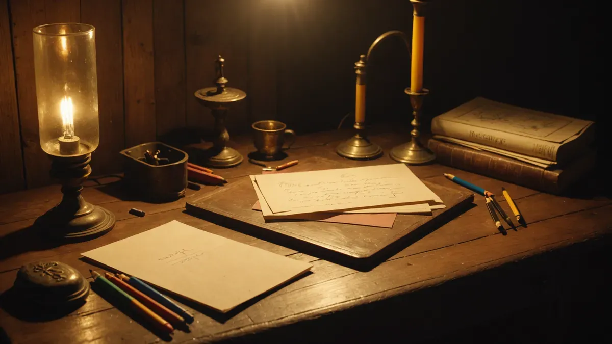 Dessin d'enfant et enveloppes timbrées posés sur un secrétaire en bois près d'une lampe allumée, un soir d'hiver