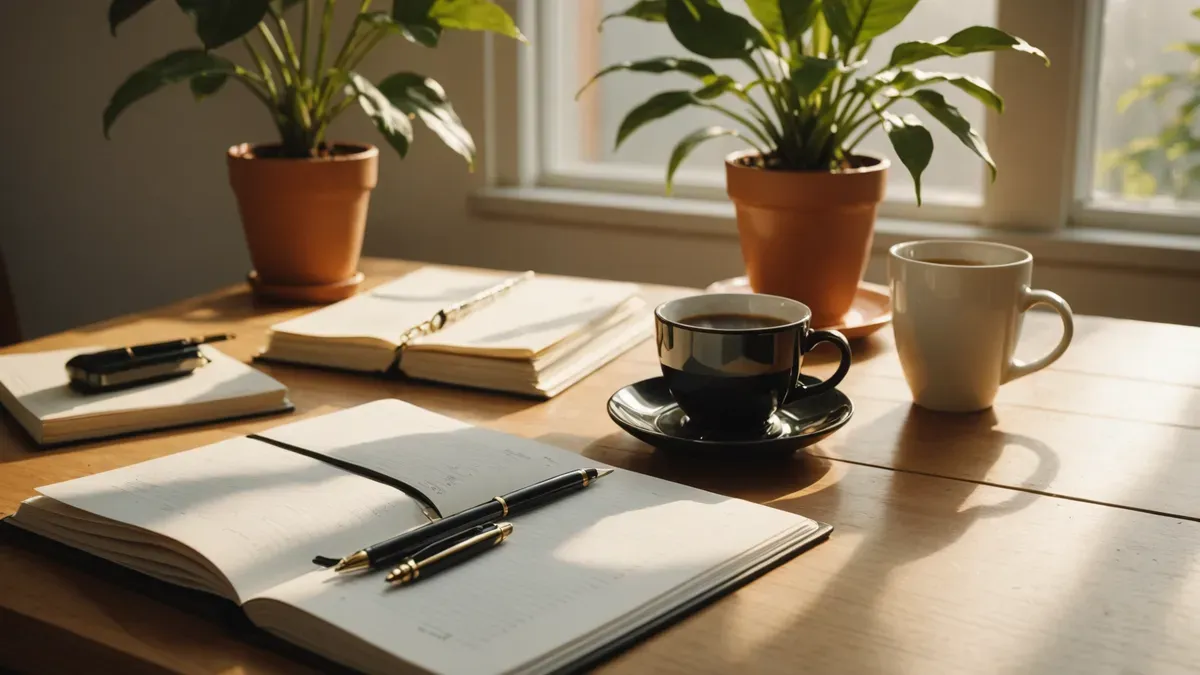Table de cuisine au matin avec agenda ouvert, stylo, tasse de café et lunettes posées près d'une fenêtre ensoleillée