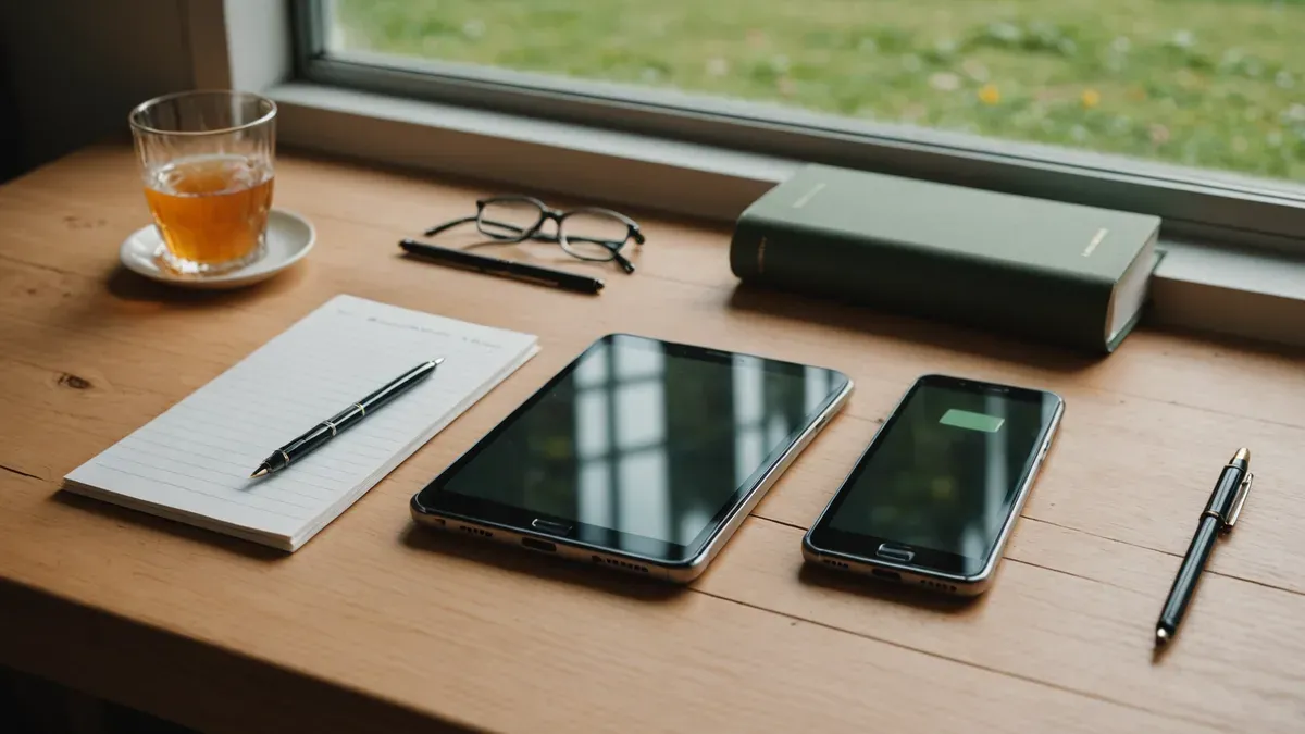 Deux smartphones de tailles différentes, écrans éteints, posés sur une table en bois clair près d'une fenêtre, à côté d'un bloc-notes, d'une paire de lunettes et d'un verre de thé